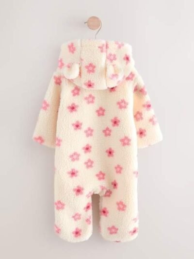 Ecru and Pink Floral Baby Borg Hooded Pramsuit