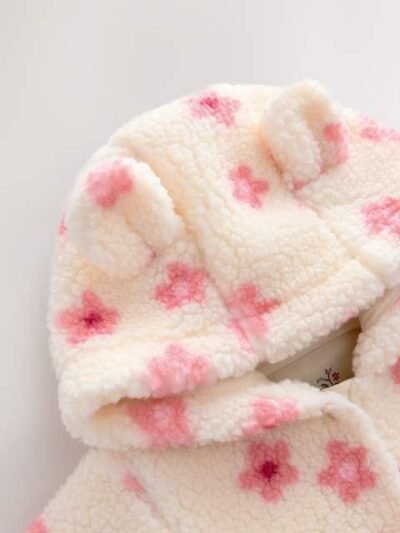 Ecru and Pink Floral Baby Borg Hooded Pramsuit