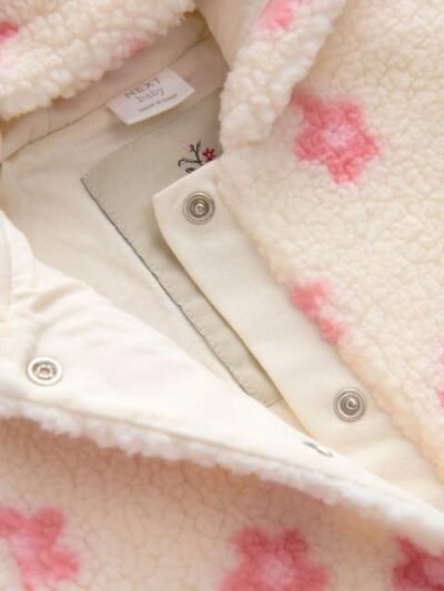 Ecru and Pink Floral Baby Borg Hooded Pramsuit