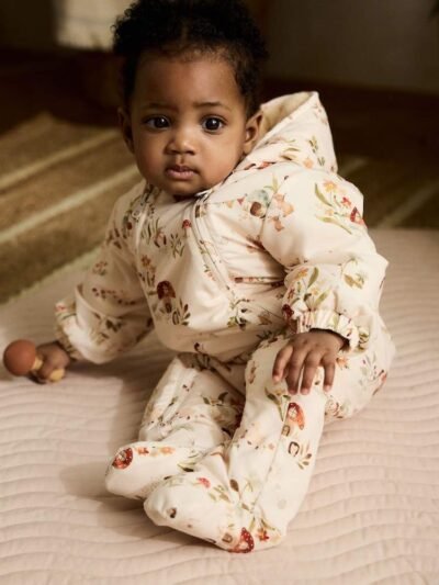 Ecru Woodland Printed Hooded Nylon Baby Pramsuit