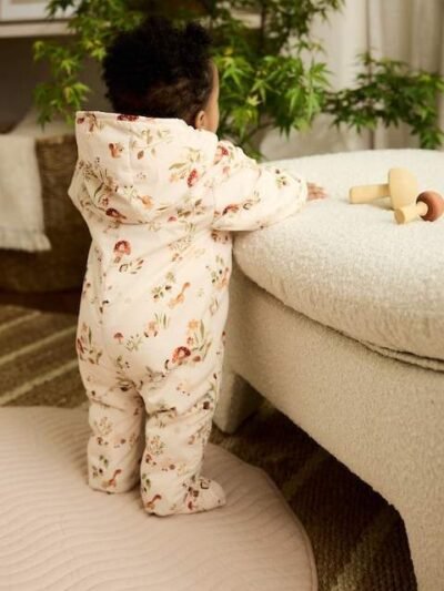 Ecru Woodland Printed Hooded Nylon Baby Pramsuit