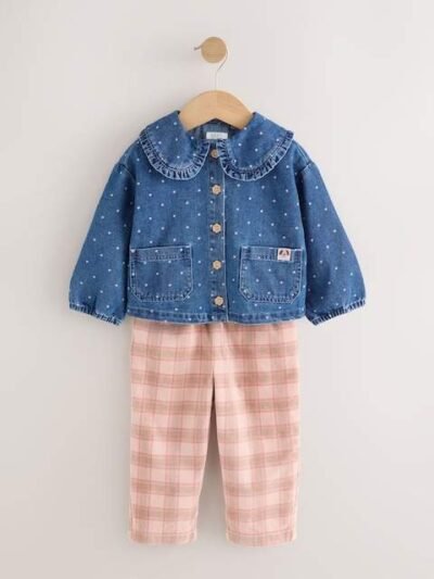 Mid Blue Denim Denim Shirt and Check Trousers Set