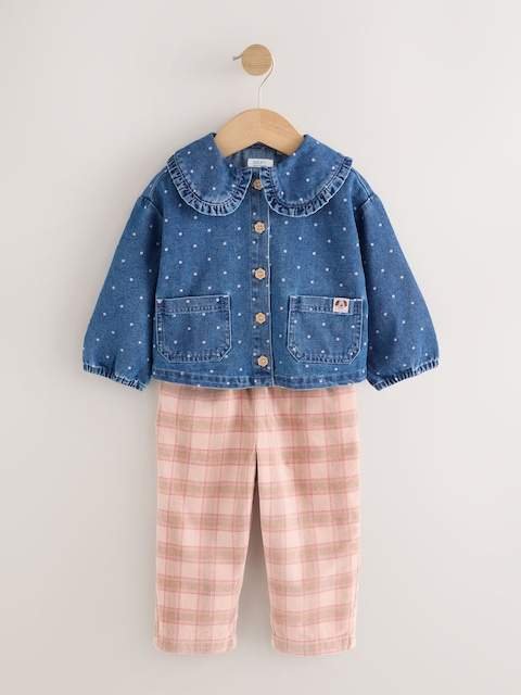 Mid Blue Denim Denim Shirt and Check Trousers Set
