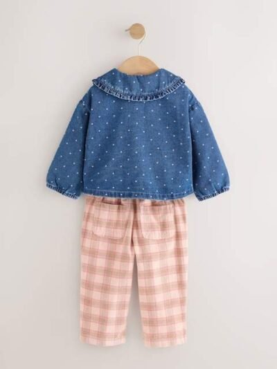 Mid Blue Denim Denim Shirt and Check Trousers Set