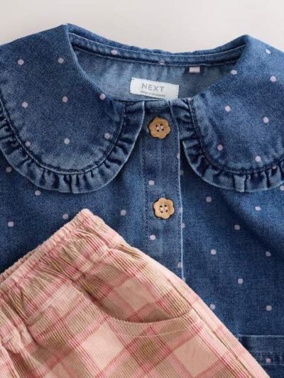 Mid Blue Denim Denim Shirt and Check Trousers Set