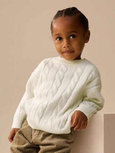 Ecru White Cable Knit Crew Neck Jumper