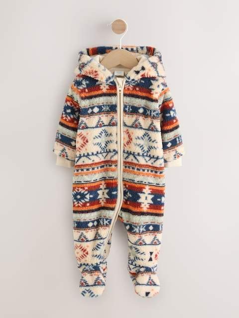 White Fairisle Pattern Zip Through Fleece Baby Pramsuit