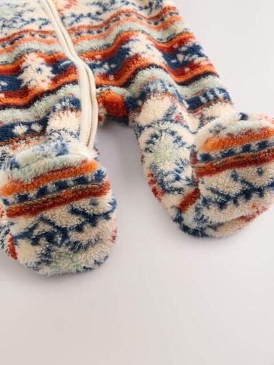 White Fairisle Pattern Zip Through Fleece Baby Pramsuit