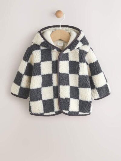 Charcoal Grey Checkerboard Hooded Baby Borg Jacket