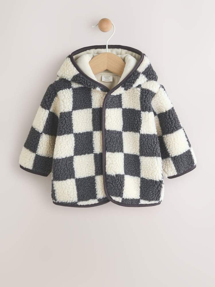 Charcoal Grey Checkerboard Hooded Baby Borg Jacket