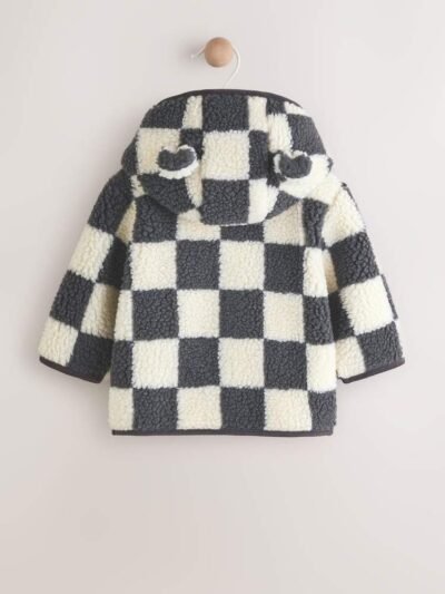 Charcoal Grey Checkerboard Hooded Baby Borg Jacket