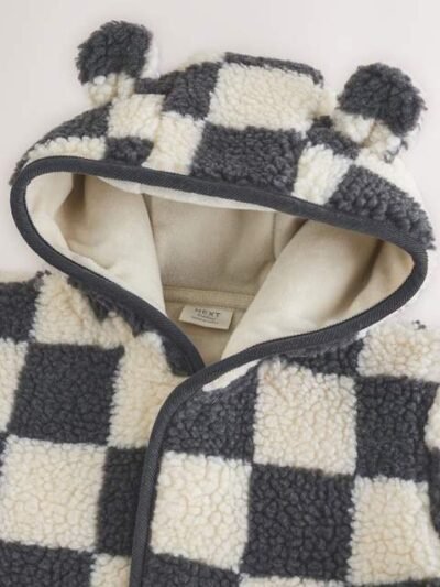 Charcoal Grey Checkerboard Hooded Baby Borg Jacket
