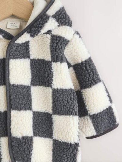 Charcoal Grey Checkerboard Hooded Baby Borg Jacket