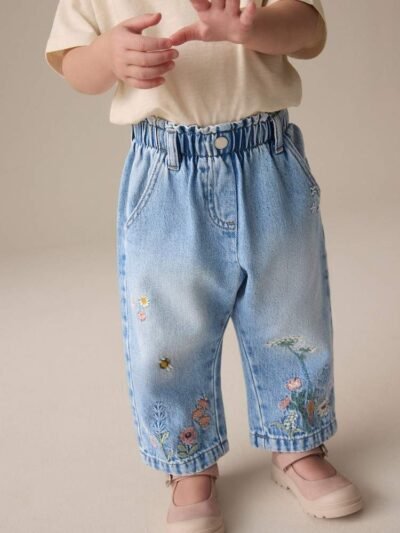 Denim Floral Print Embroidered Barrel-Leg Jeans