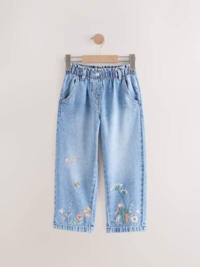 Denim Floral Print Embroidered Barrel-Leg Jeans