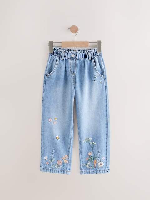 Denim Floral Print Embroidered Barrel-Leg Jeans
