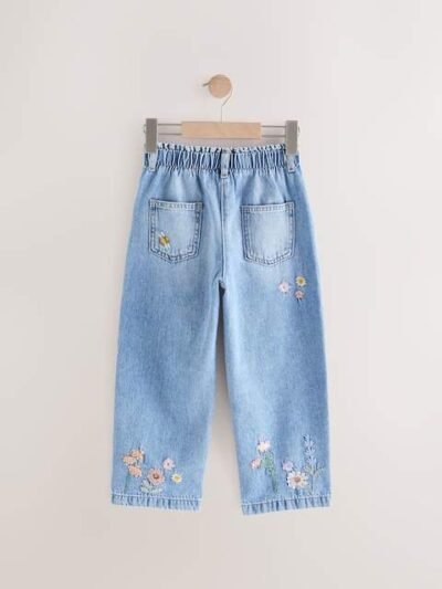 Denim Floral Print Embroidered Barrel-Leg Jeans