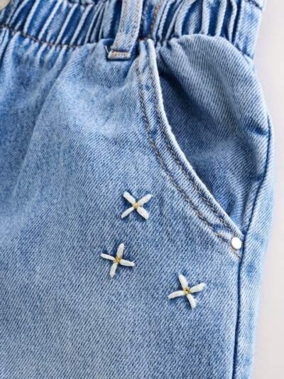 Denim Floral Print Embroidered Barrel-Leg Jeans