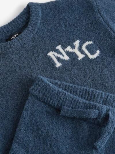 Navy Blue Knitted NYC Varsity Jumper and Joggers Set