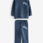 Navy Blue Knitted NYC Varsity Jumper and Joggers Set