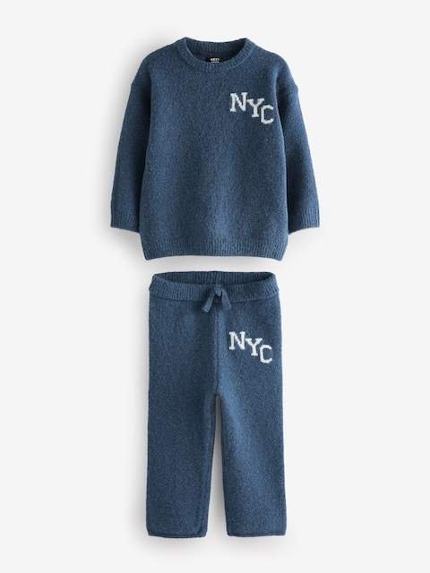 Navy Blue Knitted NYC Varsity Jumper and Joggers Set