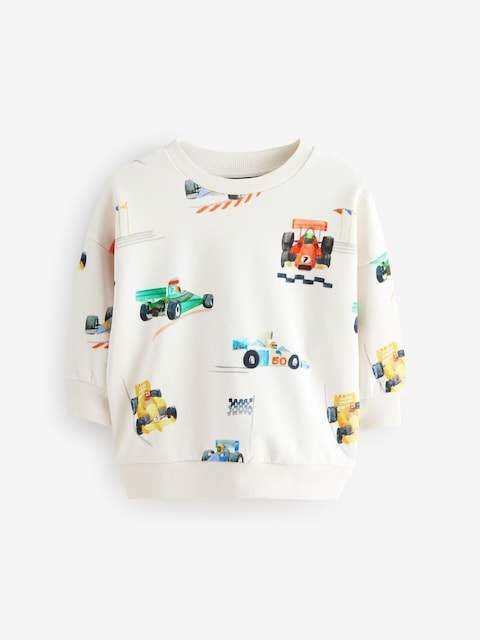 Ecru Off White Cars All-Over Print Crew Neck Sweatshirt