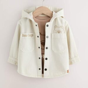 Ecru Bear Twill Hooded Overshirt and T-Shirt Set