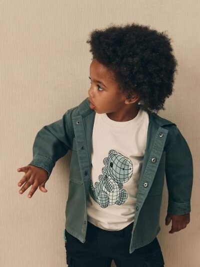 Dark Teal Blue Twill Hooded Overshirt and T-Shirt Set