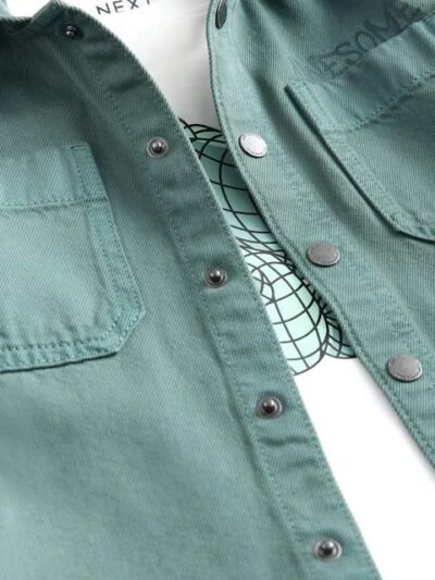 Dark Teal Blue Twill Hooded Overshirt and T-Shirt Set