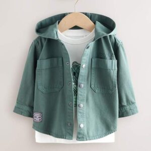 Dark Teal Blue Twill Hooded Overshirt and T-Shirt Set