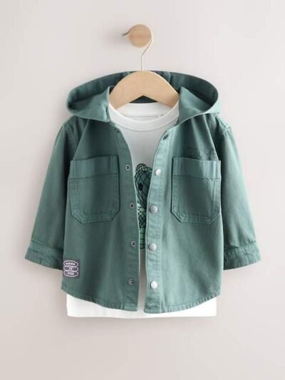 Dark Teal Blue Twill Hooded Overshirt and T-Shirt Set