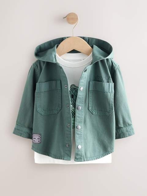 Dark Teal Blue Twill Hooded Overshirt and T-Shirt Set