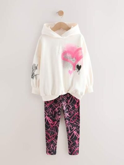 Ecru/Pink Graffiti Hoodie and Leggings Set
