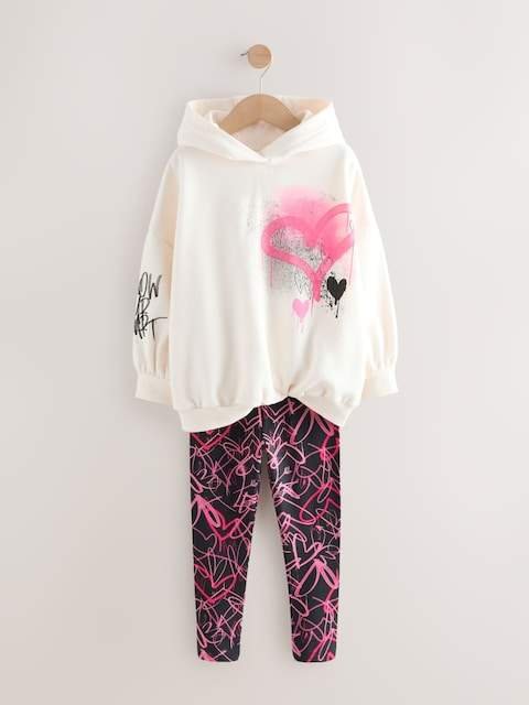 Ecru/Pink Graffiti Hoodie and Leggings Set