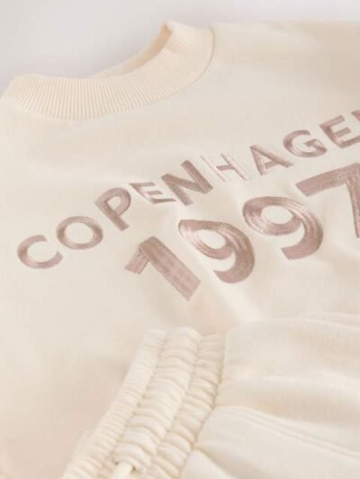 Ecru Slogan Sweatshirt And Wide Leg Joggers Set