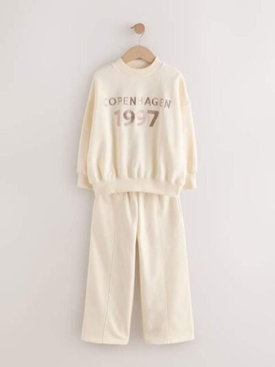 Ecru Slogan Sweatshirt And Wide Leg Joggers Set