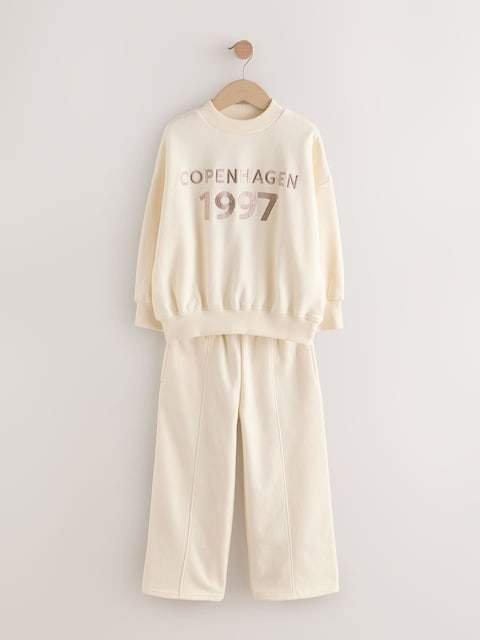 Ecru Slogan Sweatshirt And Wide Leg Joggers Set