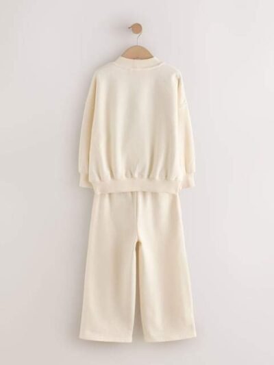 Ecru Slogan Sweatshirt And Wide Leg Joggers Set