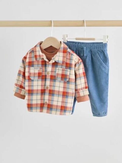 Brown/Navy Baby Shacket Top and Trousers 3 Piece Set