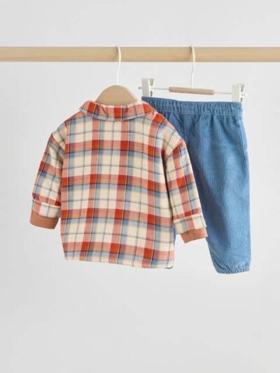 Brown/Navy Baby Shacket Top and Trousers 3 Piece Set