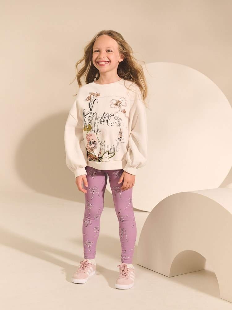 Cream/Lilac Kindness Bow Sweatshirt And Leggings Set