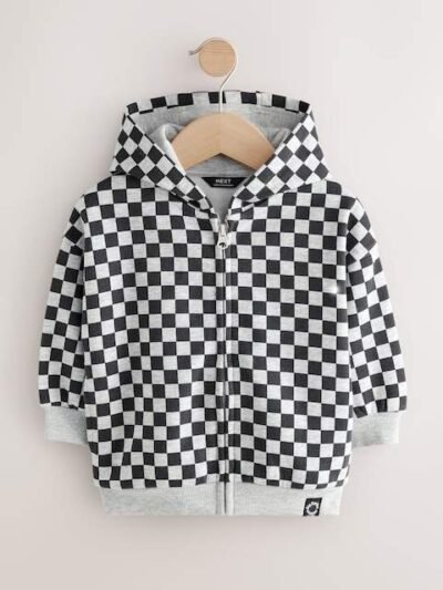 Black White Checkerboard Zip Through Hoodie