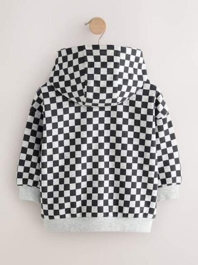 Black White Checkerboard Zip Through Hoodie