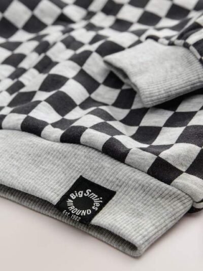 Black White Checkerboard Zip Through Hoodie