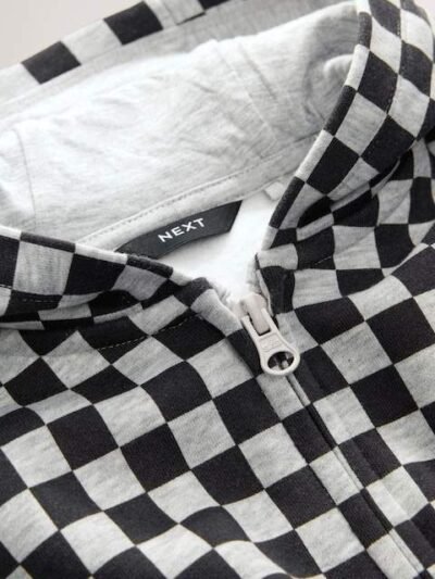 Black White Checkerboard Zip Through Hoodie