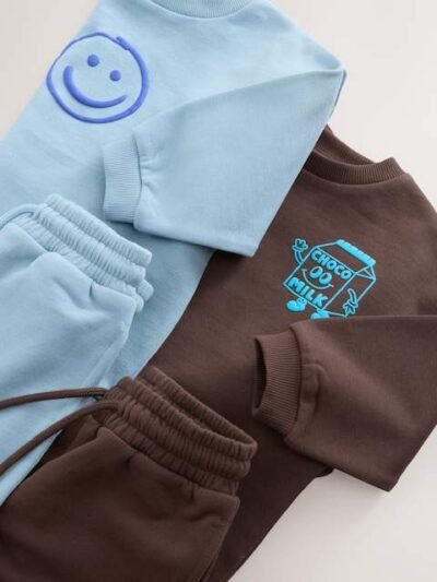 Chocolate Brown and Blue 2 Pack Printed Crew and Joggers Set