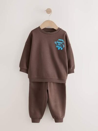 Chocolate Brown and Blue 2 Pack Printed Crew and Joggers Set