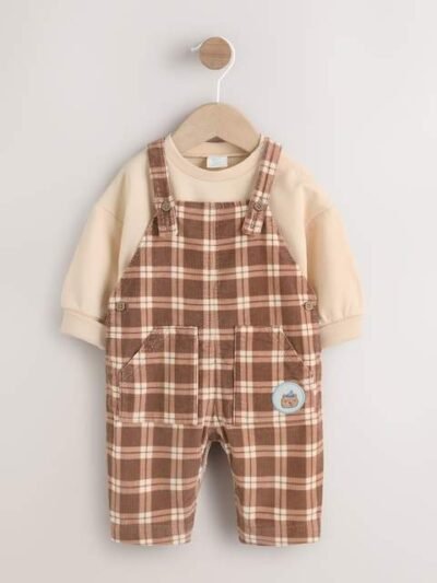Brown Check Baby Cord Dungaree and Bodysuit Set