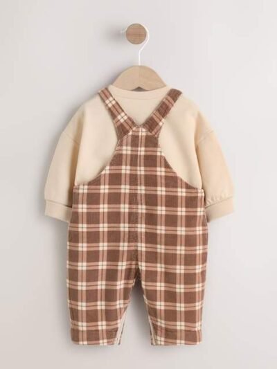 Brown Check Baby Cord Dungaree and Bodysuit Set