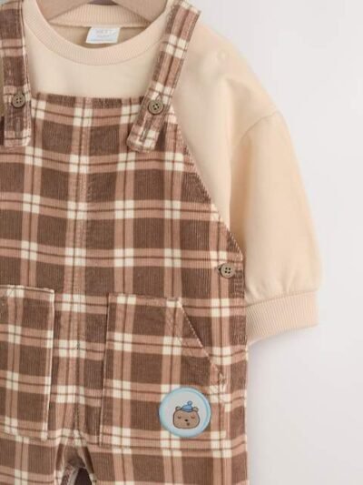 Brown Check Baby Cord Dungaree and Bodysuit Set